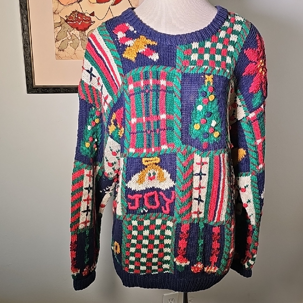 Signature Y2K NORTHERN ISLES Colorful Patchwork Holiday Sweater. LARGE Hand Made